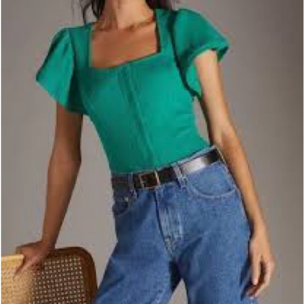 Anthropologie | Dolan | Structured Flutter Sleeve Crop Top | Kelly Green | XS 🕗